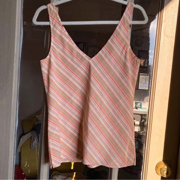 NWOT Theory 100% Silk Bias Cut Striped V Neck Tank Top in Coral, Pink, & White - Picture 5 of 7